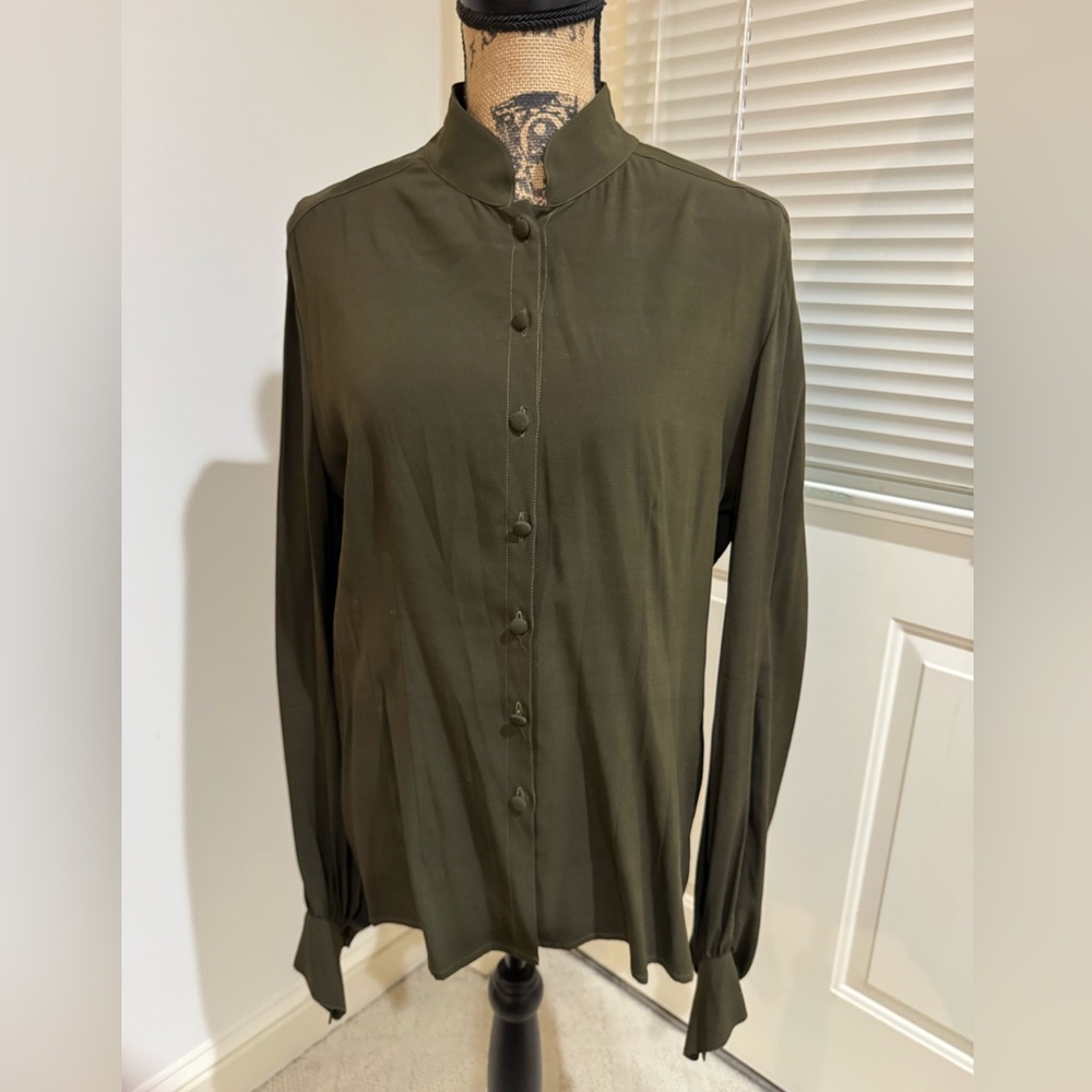 Bernard Perris Brownish Olive Green silk Blouse size Medium - made in France
